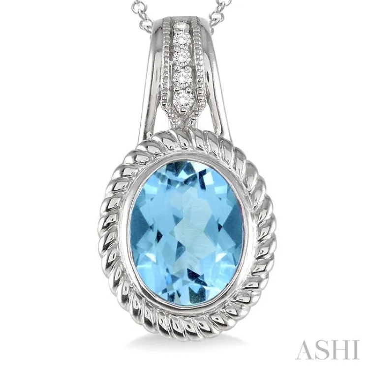 10x8 MM Oval Cut Blue Topaz and 1/20 Ctw Single Cut Diamond Pendant in Sterling Silver with Chain