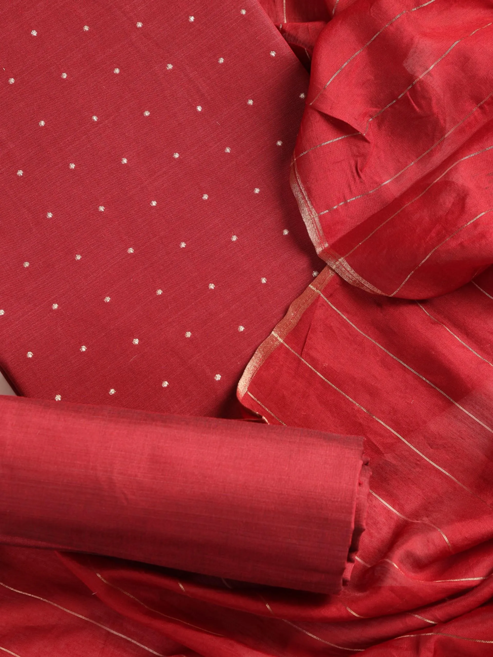 3 pc Unstitched Suit SET - Maroon Mukiesh Cotton Silk Kurta with Zari Dupatta and Matching Pyjama