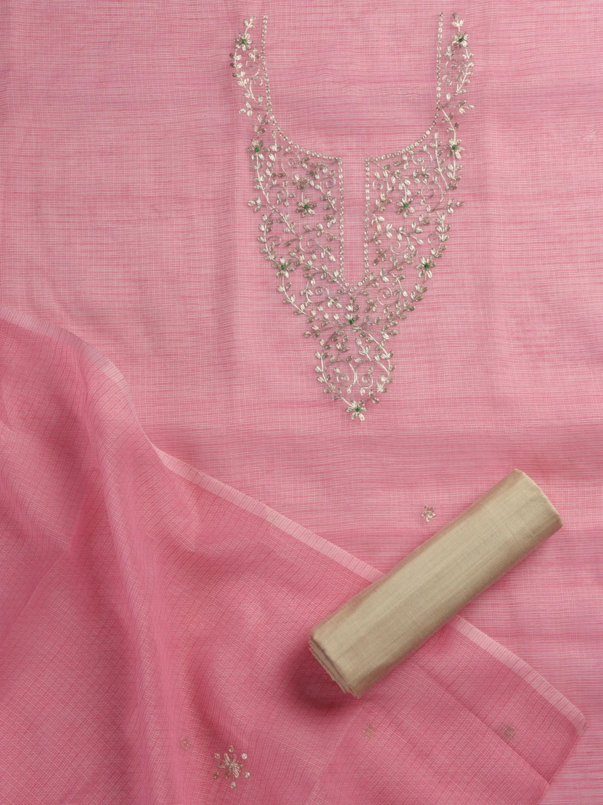 3 pc Unstitched Suit SET - Pink Kota Doria Peeta Embroidered Kurta with Dupatta and Pyjama