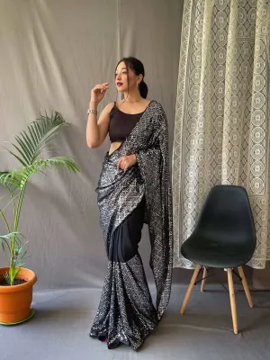 Black Designer Saree in Georgette with Sequins Embroidered Work