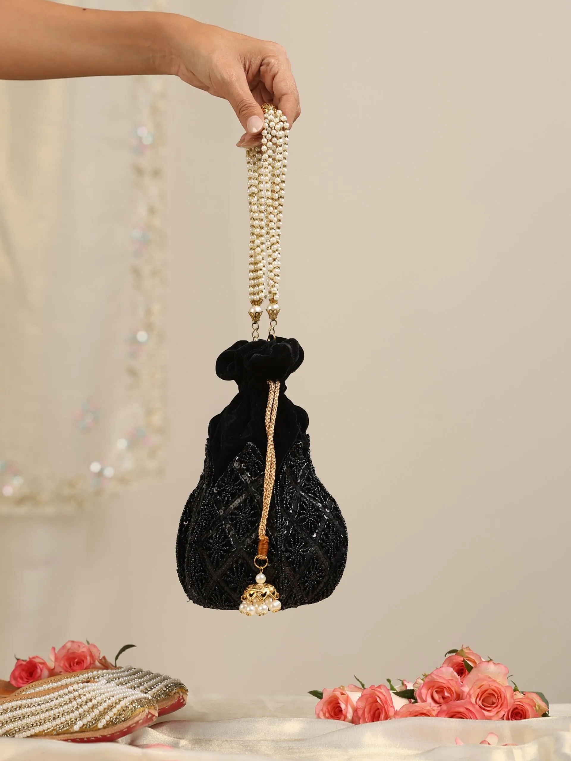 Black on Black Embroidered Lotus Potli Bag