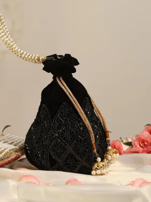 Black on Black Embroidered Lotus Potli Bag