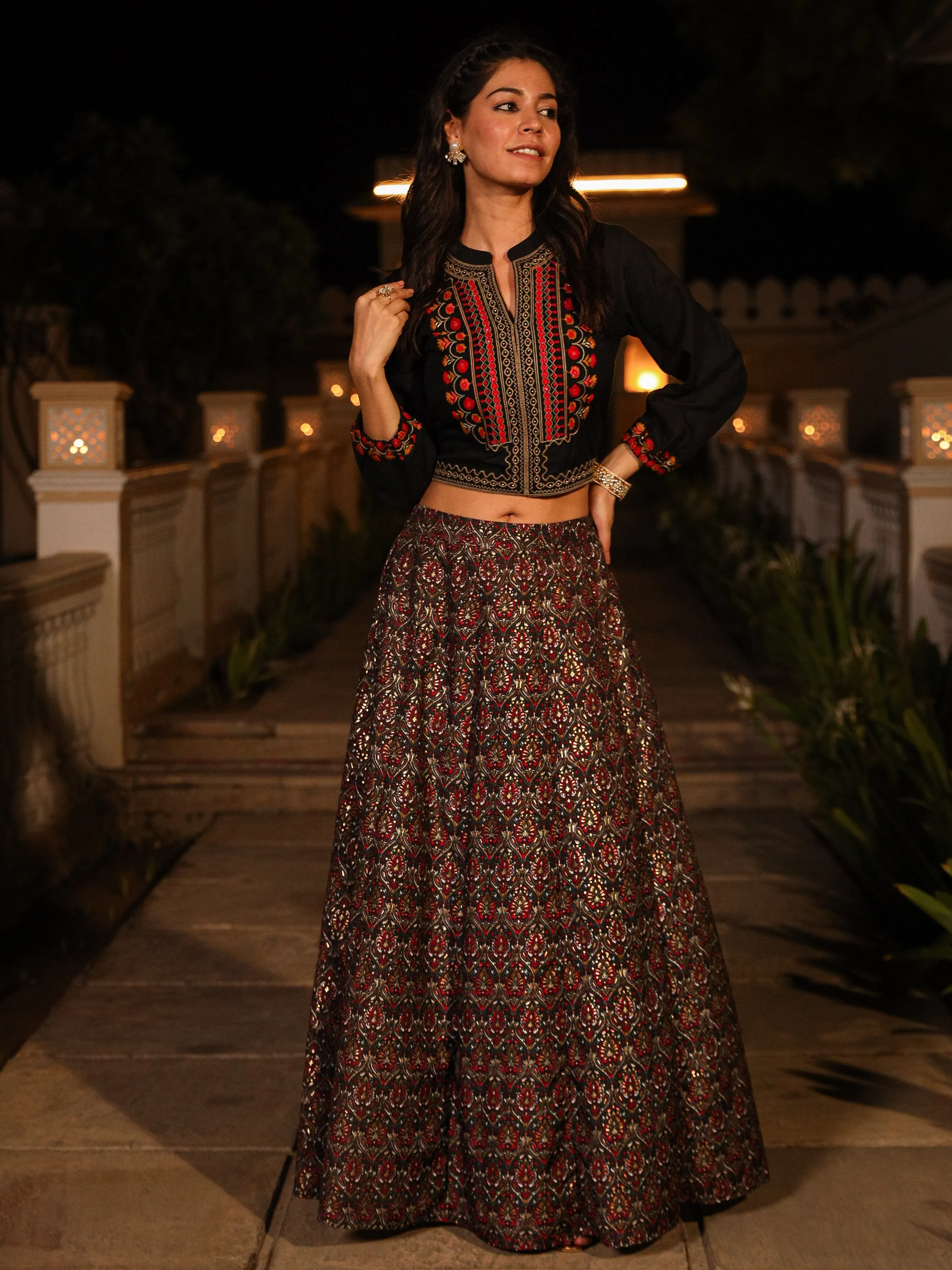 Black Thread Embroidered Rayon Top & Printed Skirt Set With Beads & Mirror Work