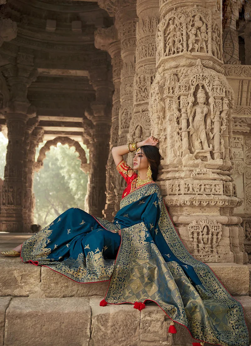 Blue And Red Traditional Embroidered Silk Saree