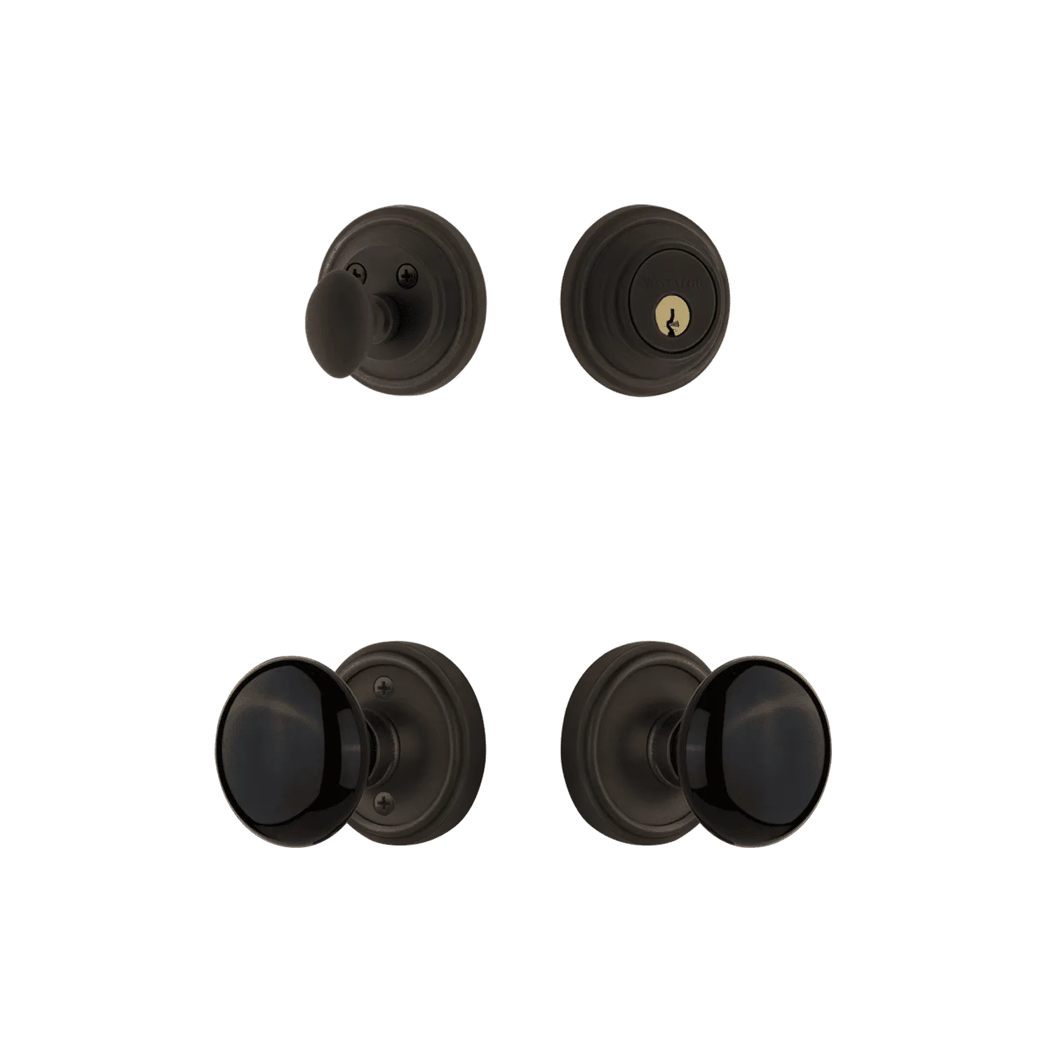 Classic Rosette Entry Set with Black Porcelain Knob in Oil-Rubbed Bronze