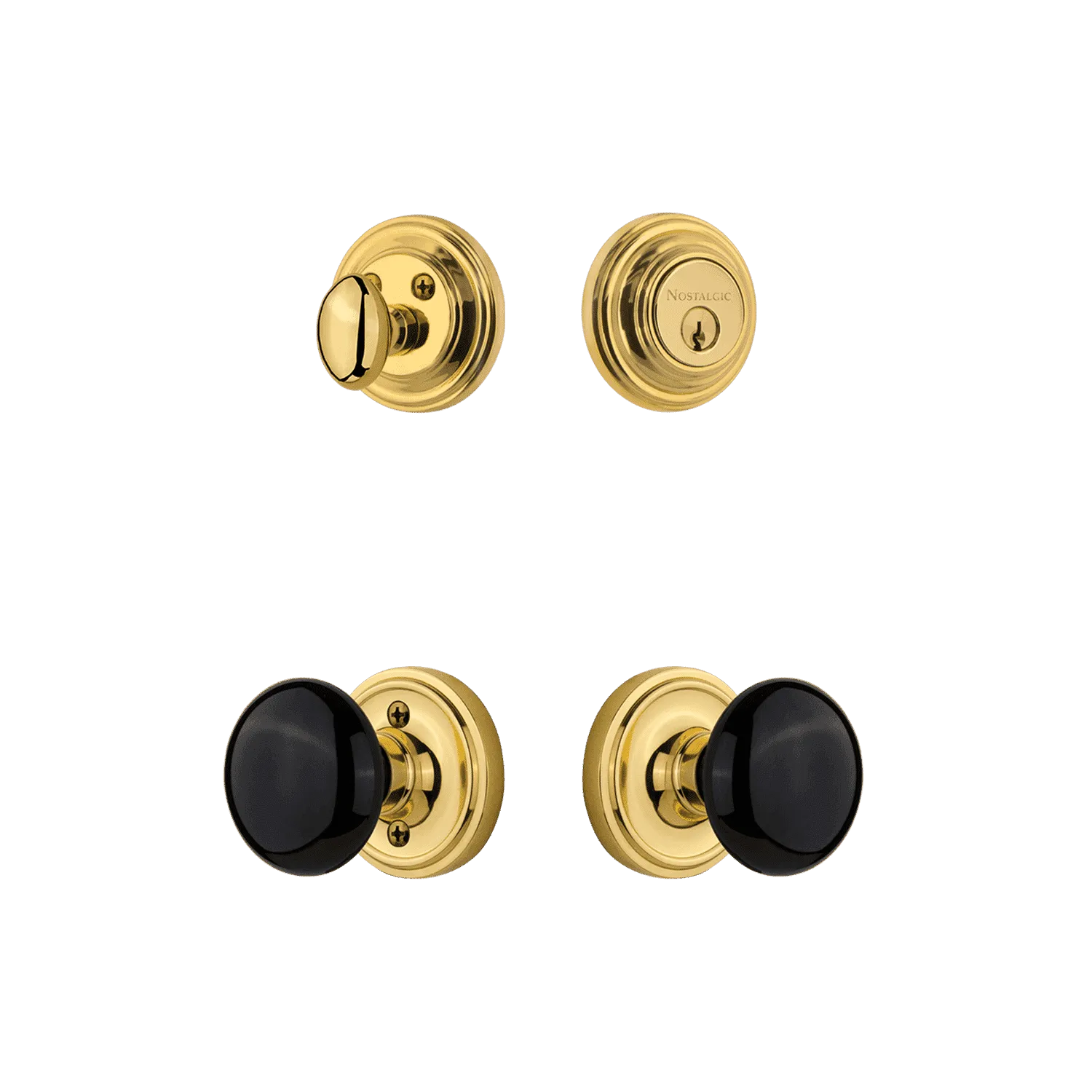 Classic Rosette Entry Set with Black Porcelain Knob in Polished Brass