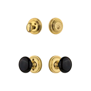 Classic Rosette Entry Set with Black Porcelain Knob in Polished Brass