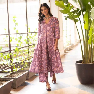 Cotton Anarkali Kurta Set for Women | Purple | Block Print