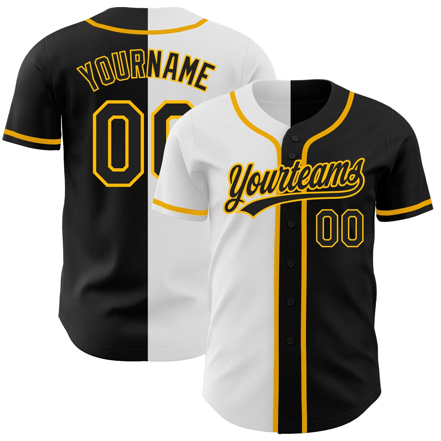 Custom Black Black White-Gold Authentic Split Fashion Baseball Jersey