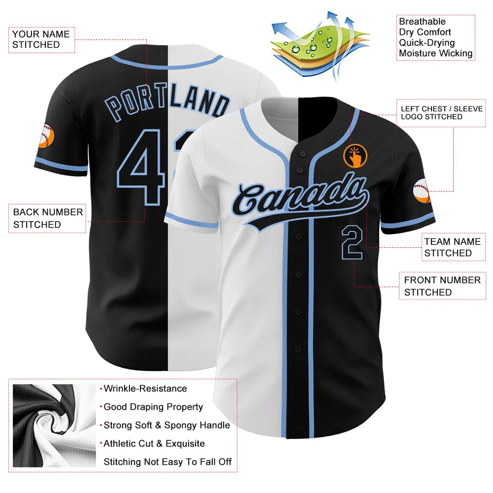 Custom Black Black White-Light Blue Authentic Split Fashion Baseball Jersey