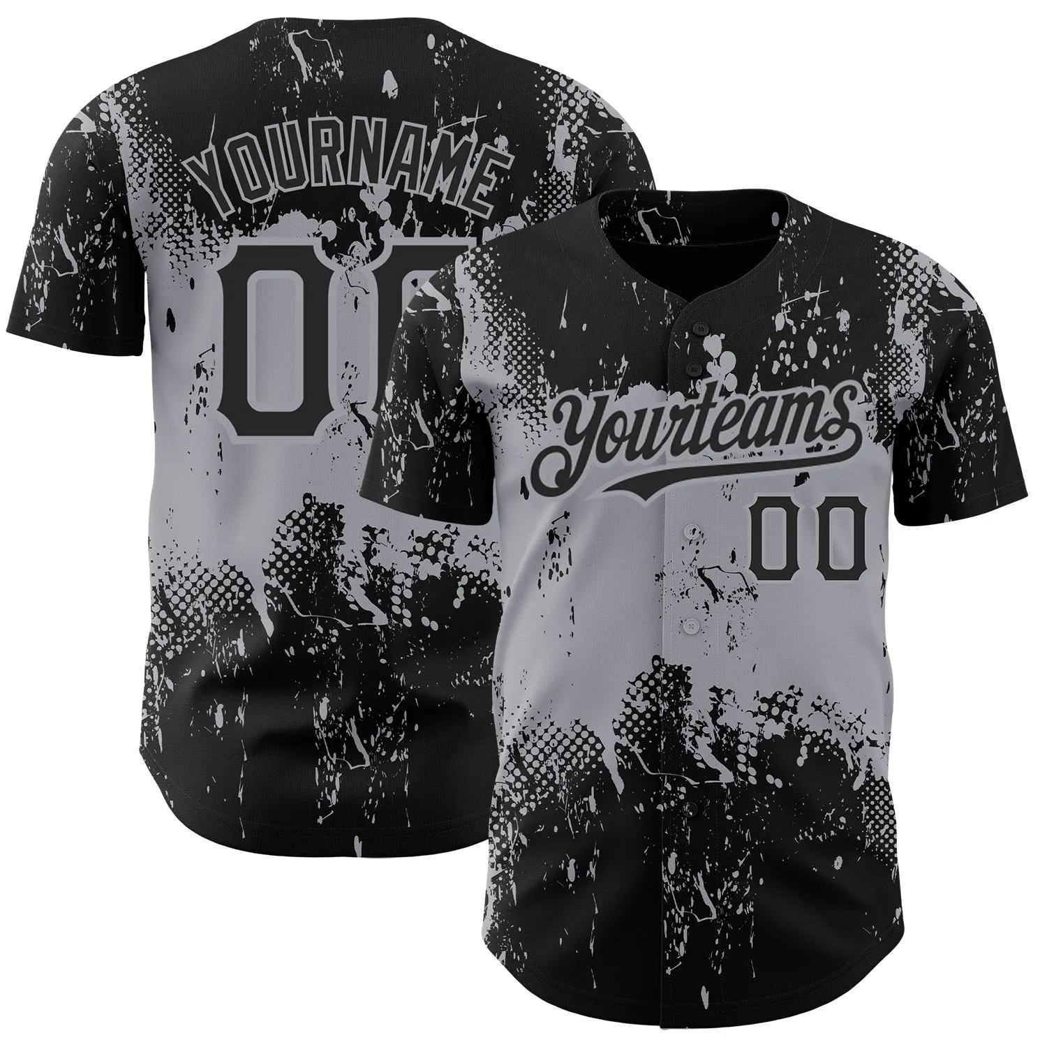 Custom Black Gray 3D Pattern Design Abstract Splatter Grunge Art Authentic Baseball Jersey