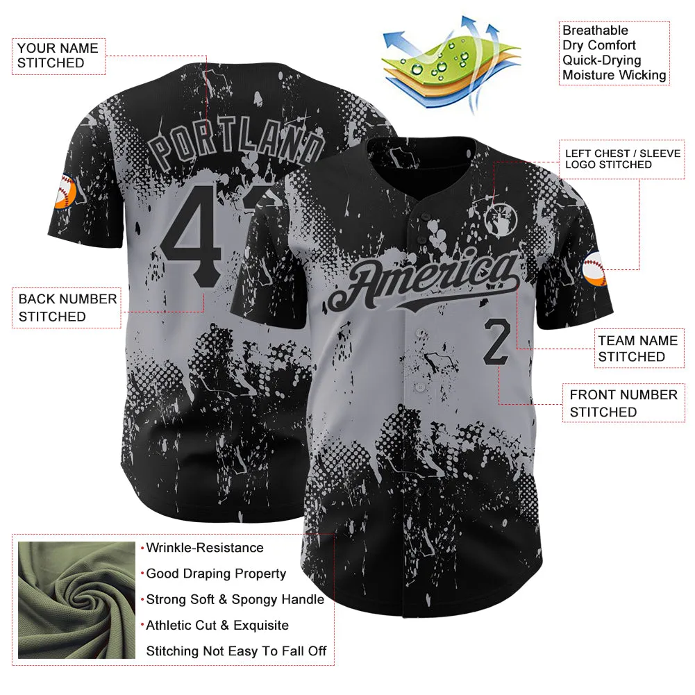 Custom Black Gray 3D Pattern Design Abstract Splatter Grunge Art Authentic Baseball Jersey