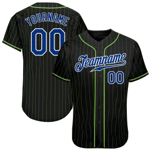 Custom Black Neon Green Pinstripe Royal-White Authentic Baseball Jersey