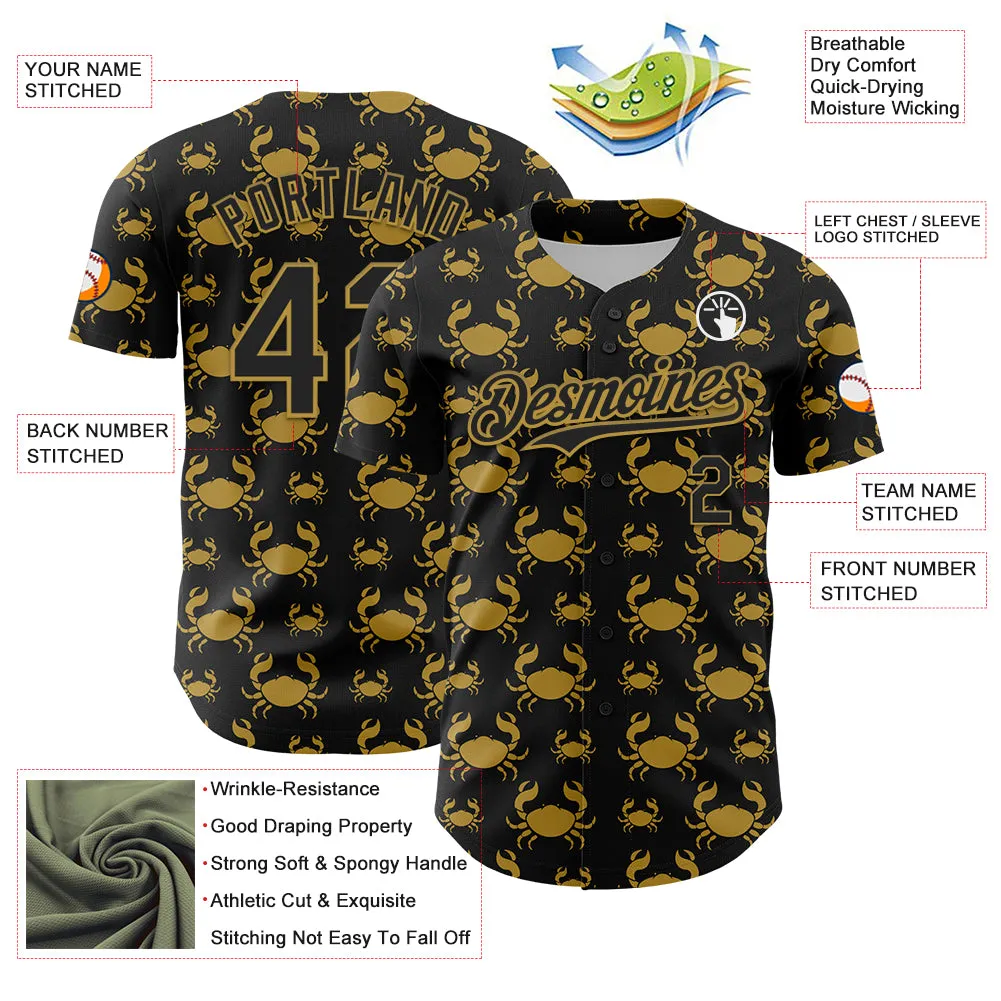 Custom Black Old Gold 3D Pattern Design Animal Crab Fruit Lemon Authentic Baseball Jersey