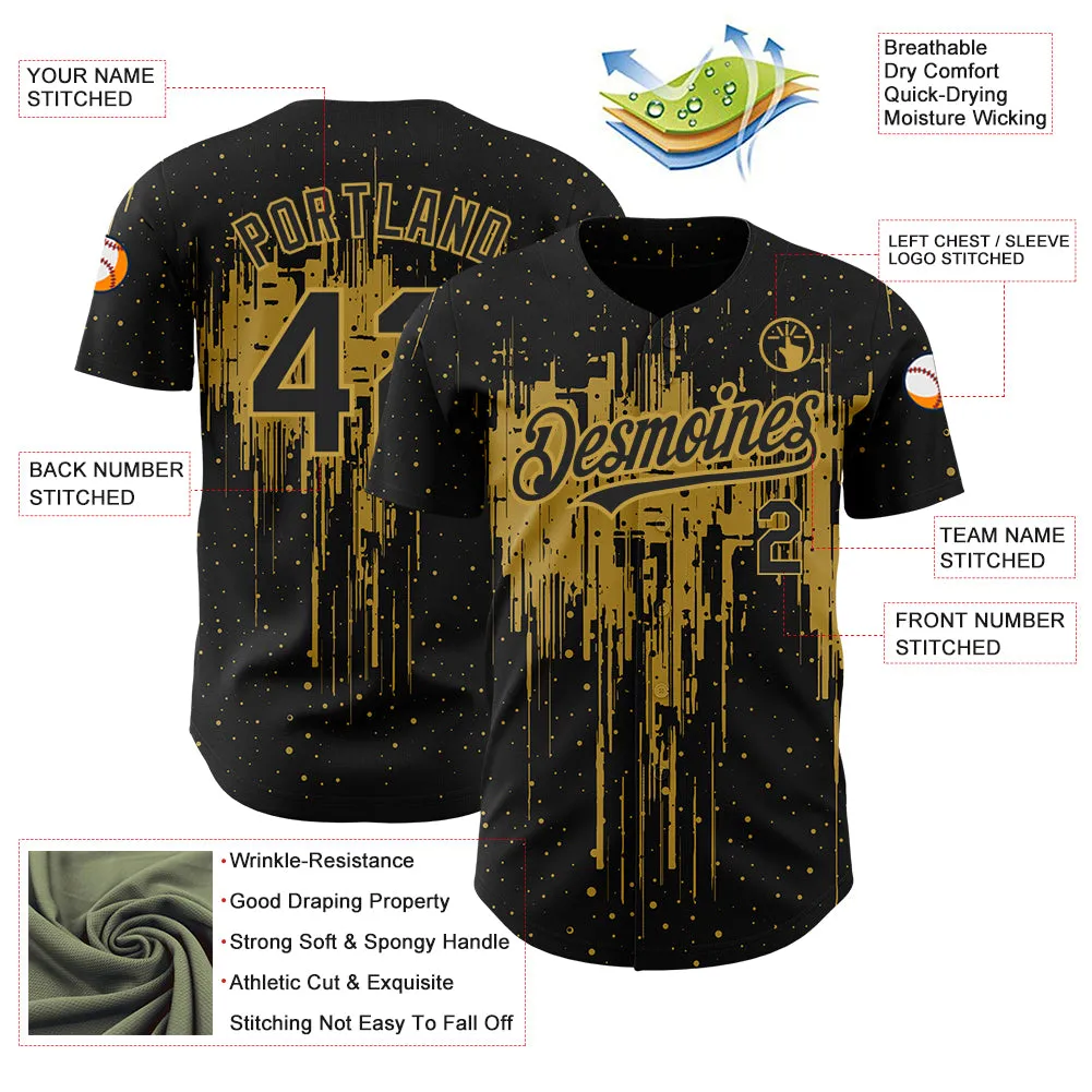 Custom Black Old Gold 3D Pattern Design Dripping Splatter Art Authentic Baseball Jersey