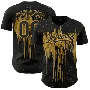 Custom Black Old Gold 3D Pattern Design Dripping Splatter Art Authentic Baseball Jersey