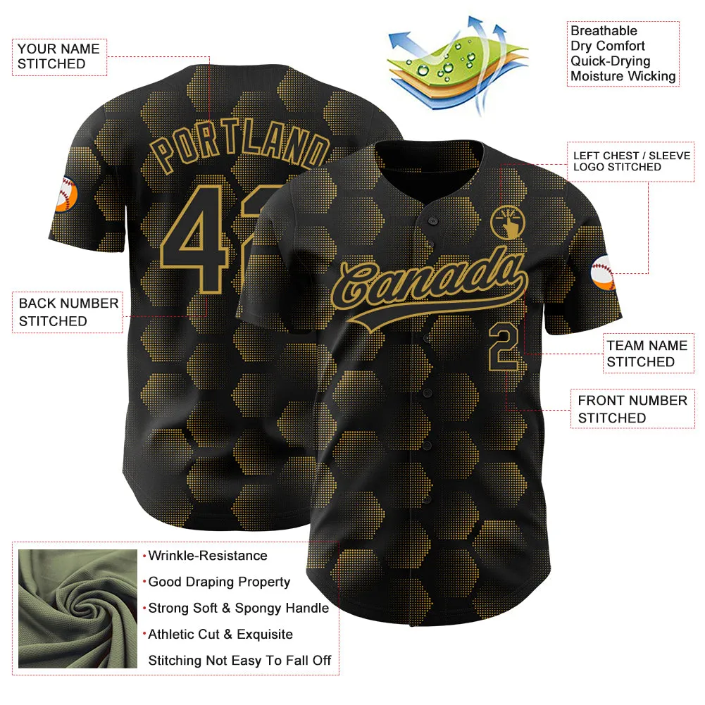 Custom Black Old Gold 3D Pattern Design Halftone Geometric Shapes Authentic Baseball Jersey