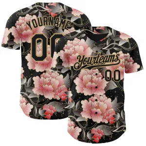 Custom Black Old Gold 3D Pattern Design Northeast China Big Flower Authentic Baseball Jersey