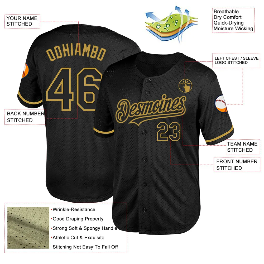 Custom Black Old Gold Mesh Authentic Throwback Baseball Jersey