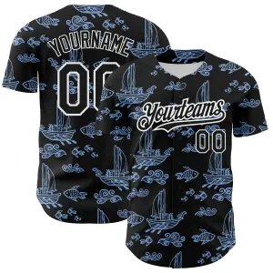 Custom Black White-Light Blue 3D Pattern Design Boats And Fish Authentic Baseball Jersey