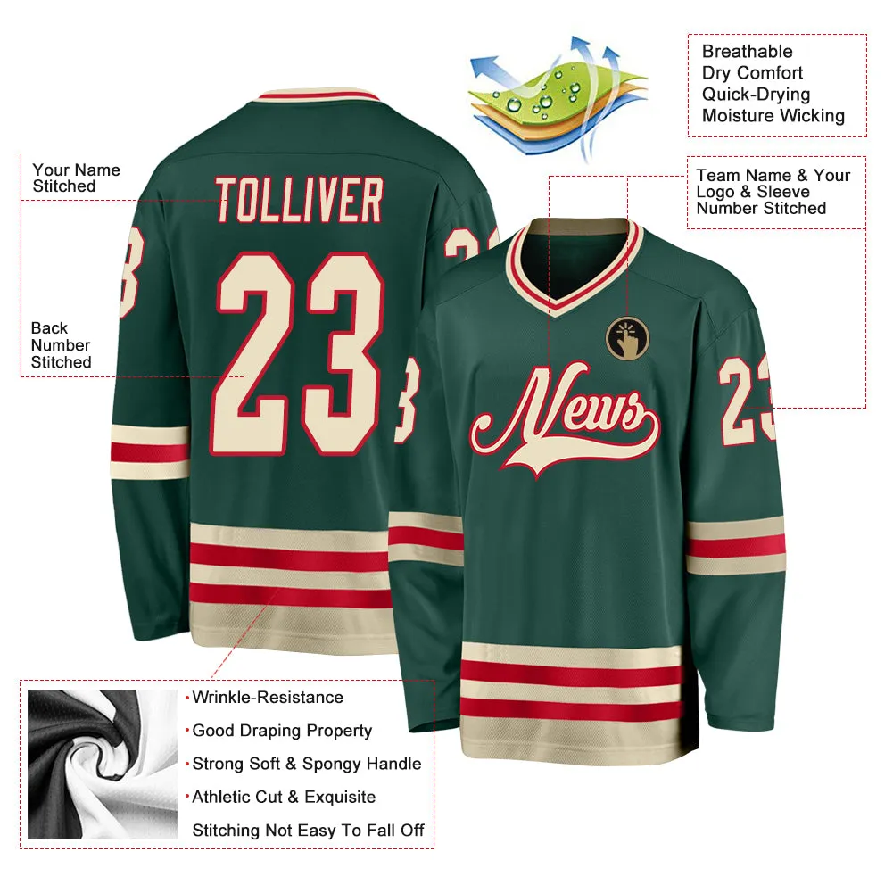 Custom Green Cream-Red Hockey Jersey