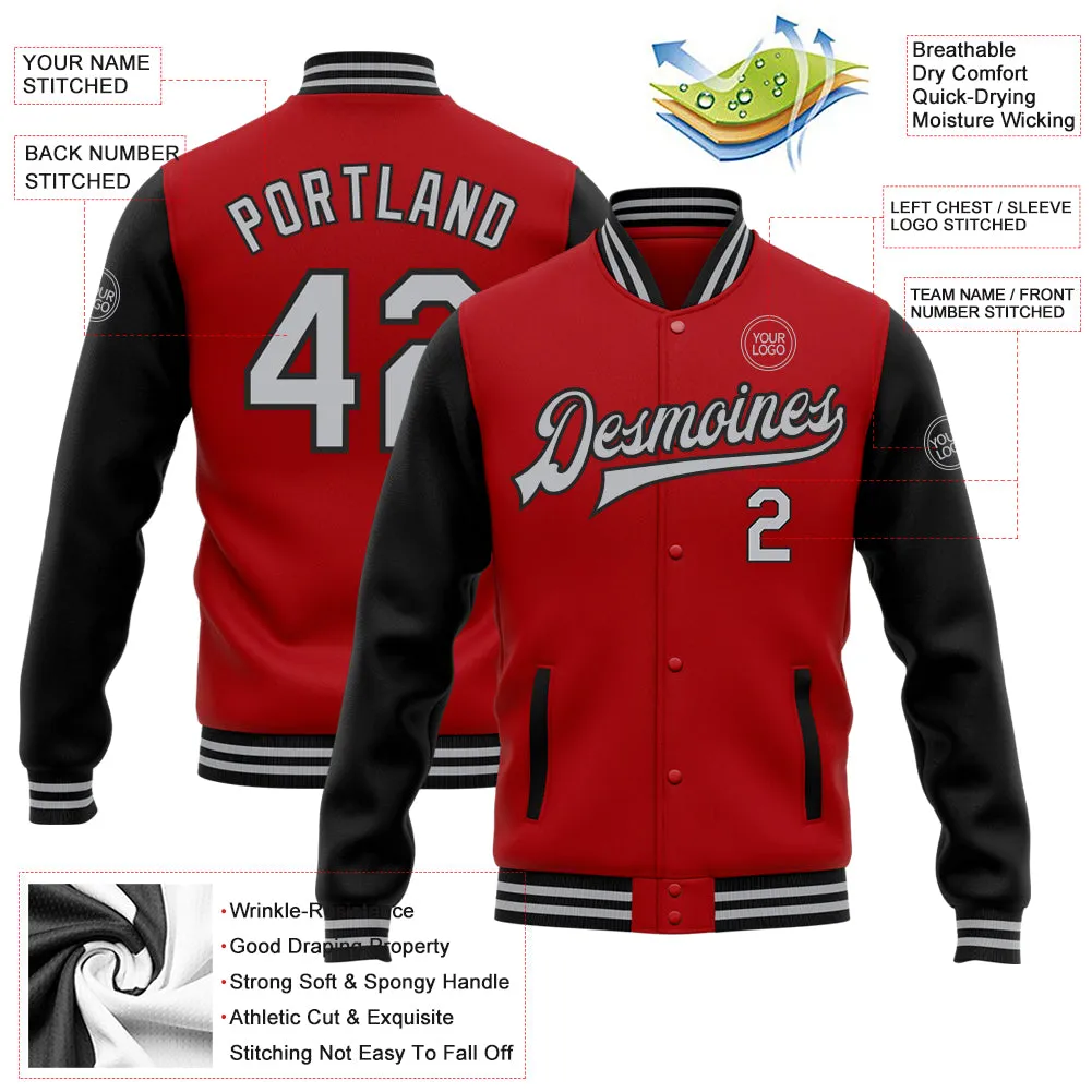 Custom Red Gray-Black Bomber Full-Snap Varsity Letterman Two Tone Jacket