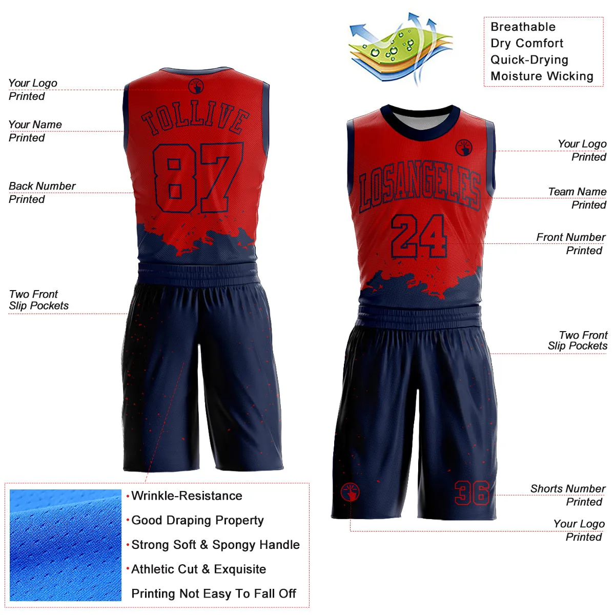 Custom Red Navy Color Splash Round Neck Sublimation Basketball Suit Jersey