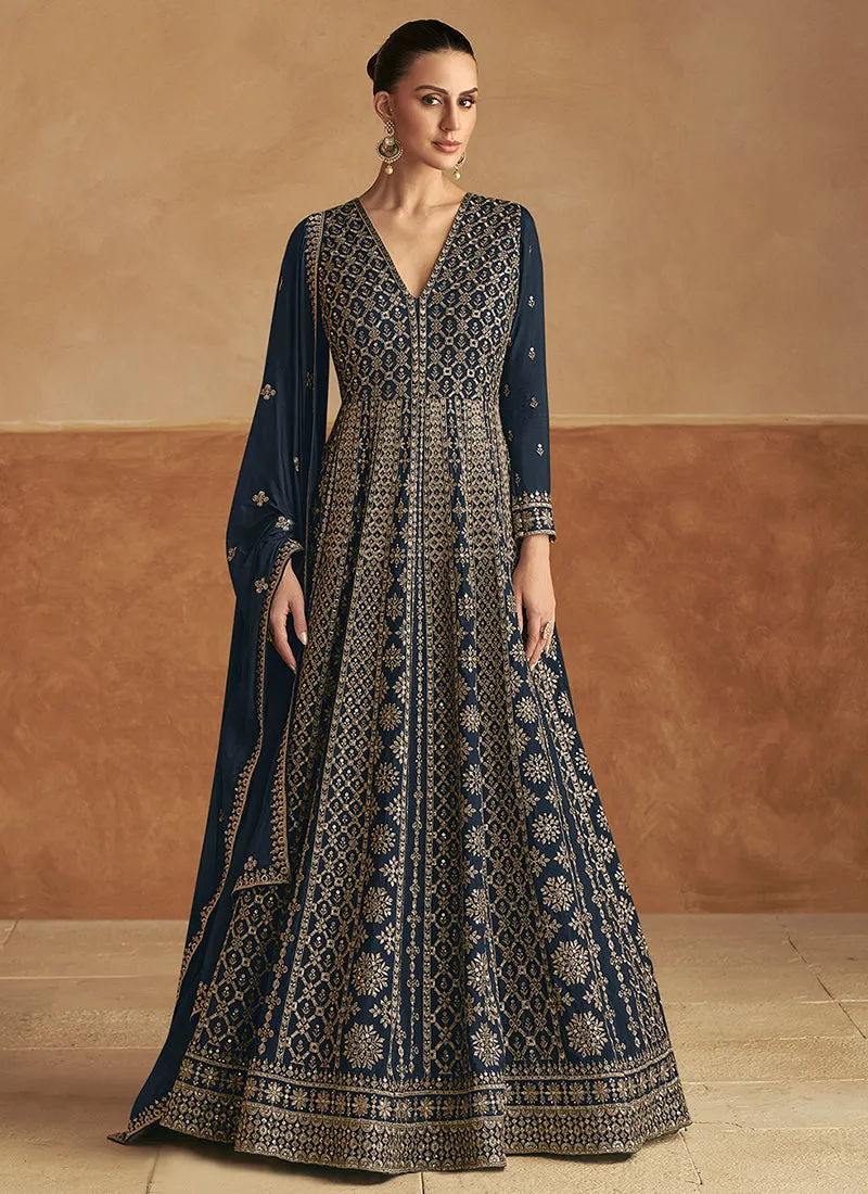 Dark Blue Traditional Embroidery Festive Anarkali Gown