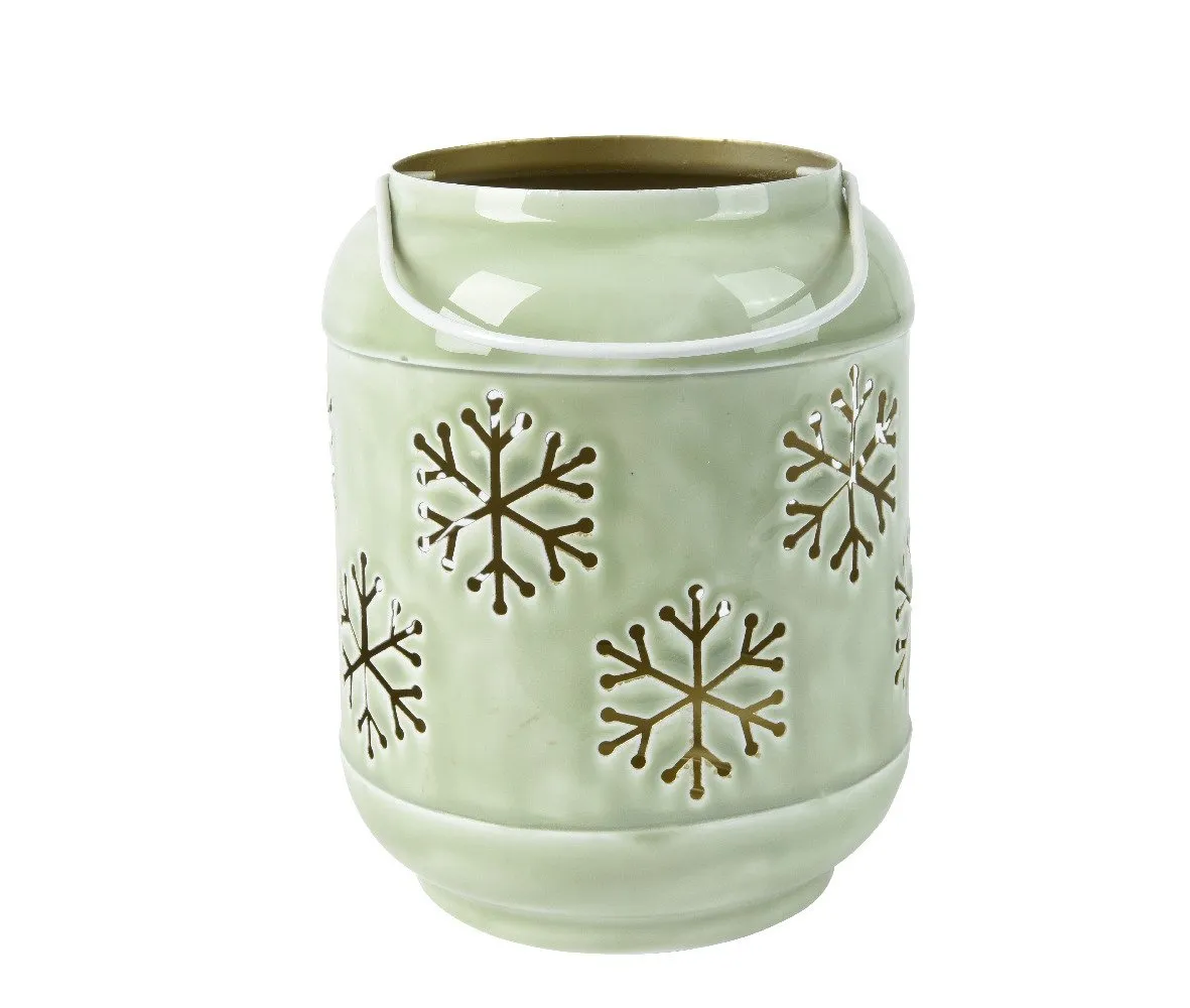 Decoris Iron Lantern with Cut-Out Snowflakes 20cm - Light Green