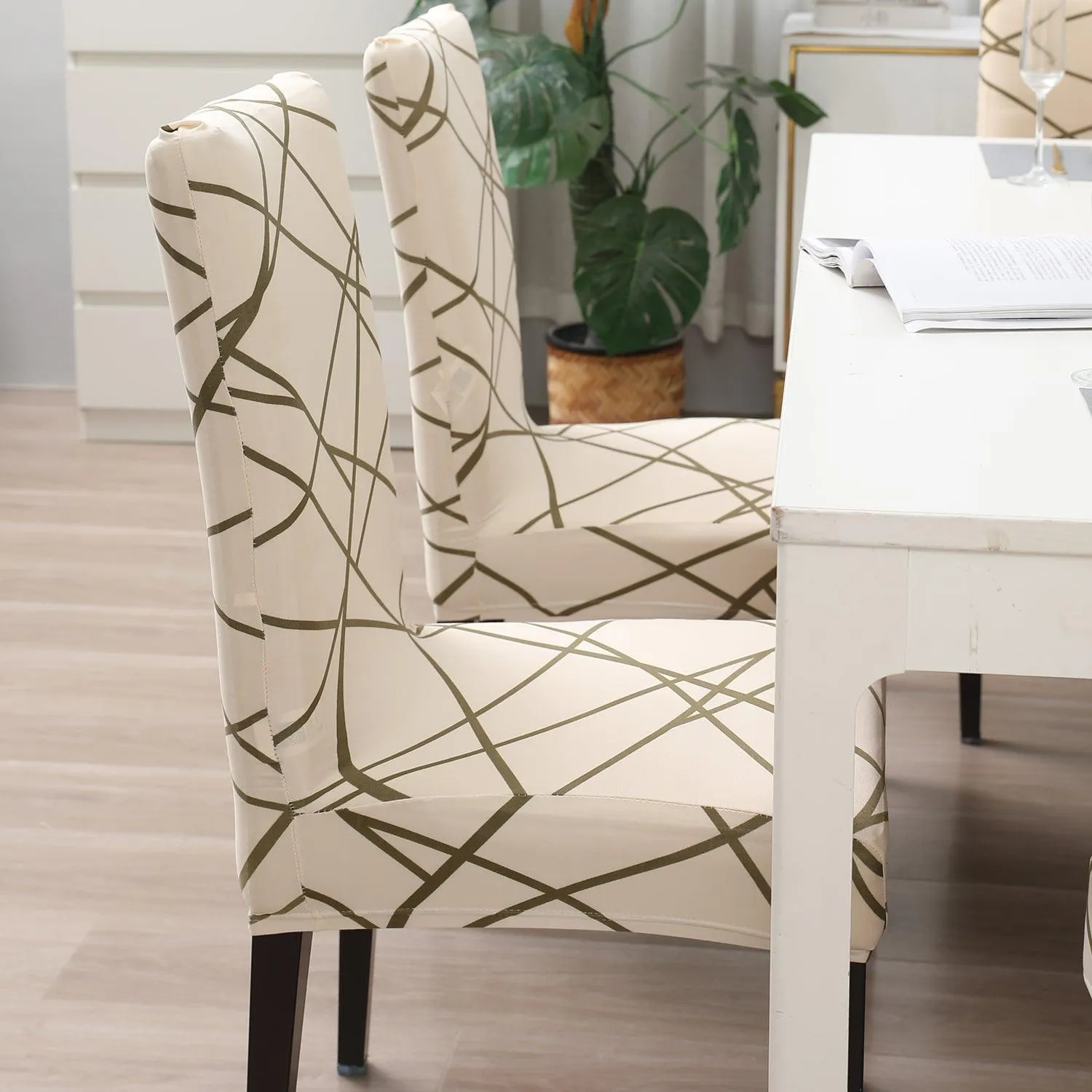 Elastic Stretchable Dining Chair Cover, Beige Abstract Line