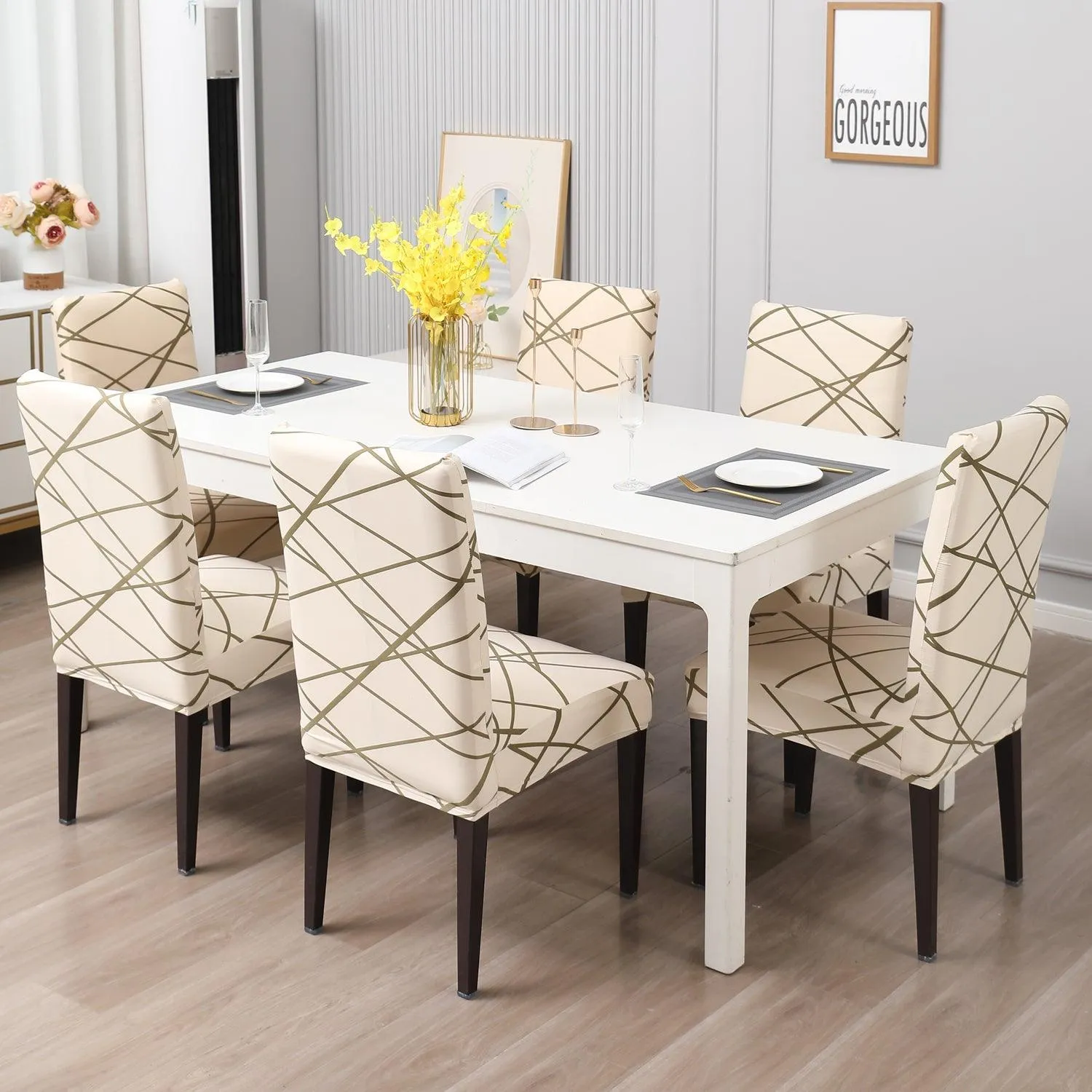 Elastic Stretchable Dining Chair Cover, Beige Abstract Line