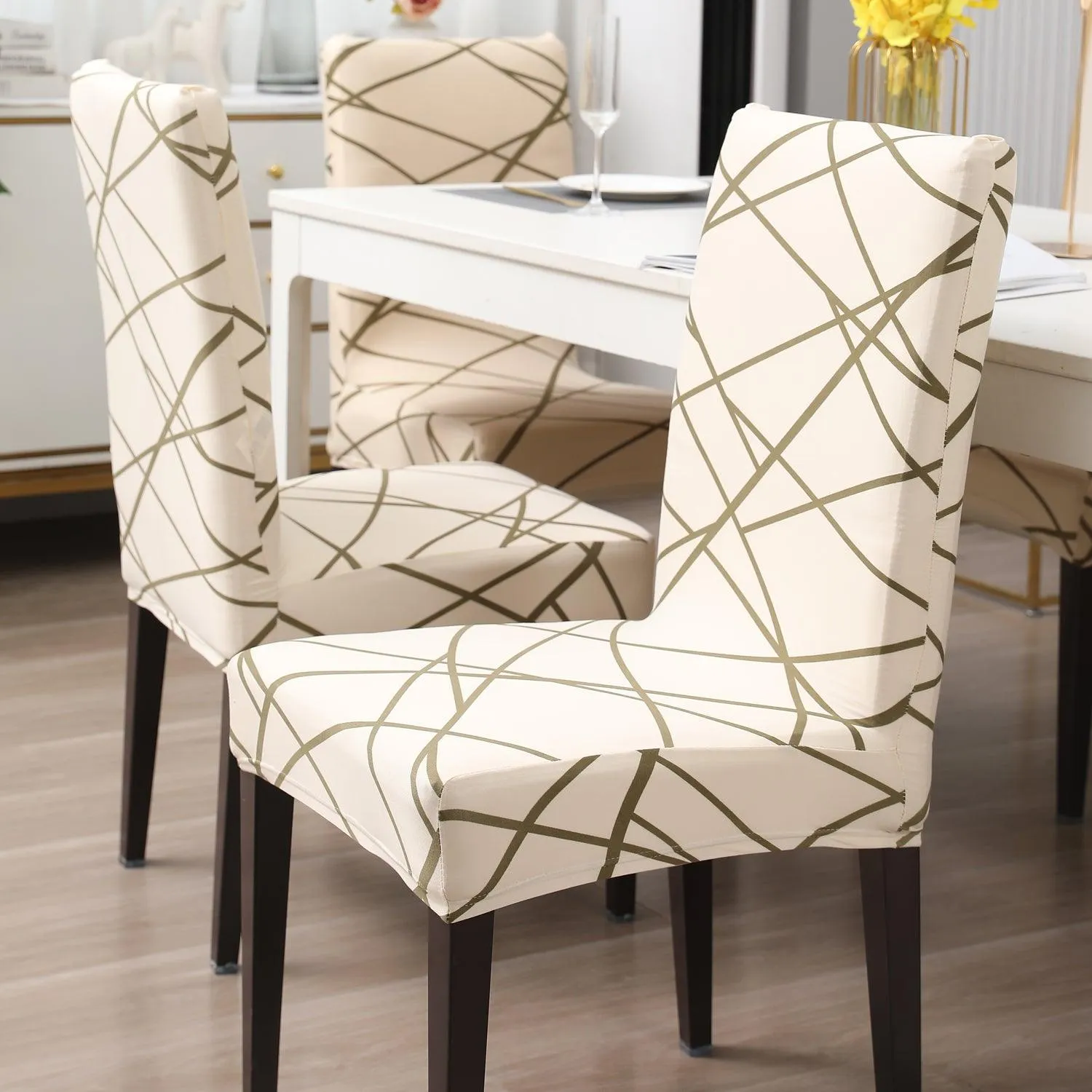 Elastic Stretchable Dining Chair Cover, Beige Abstract Line