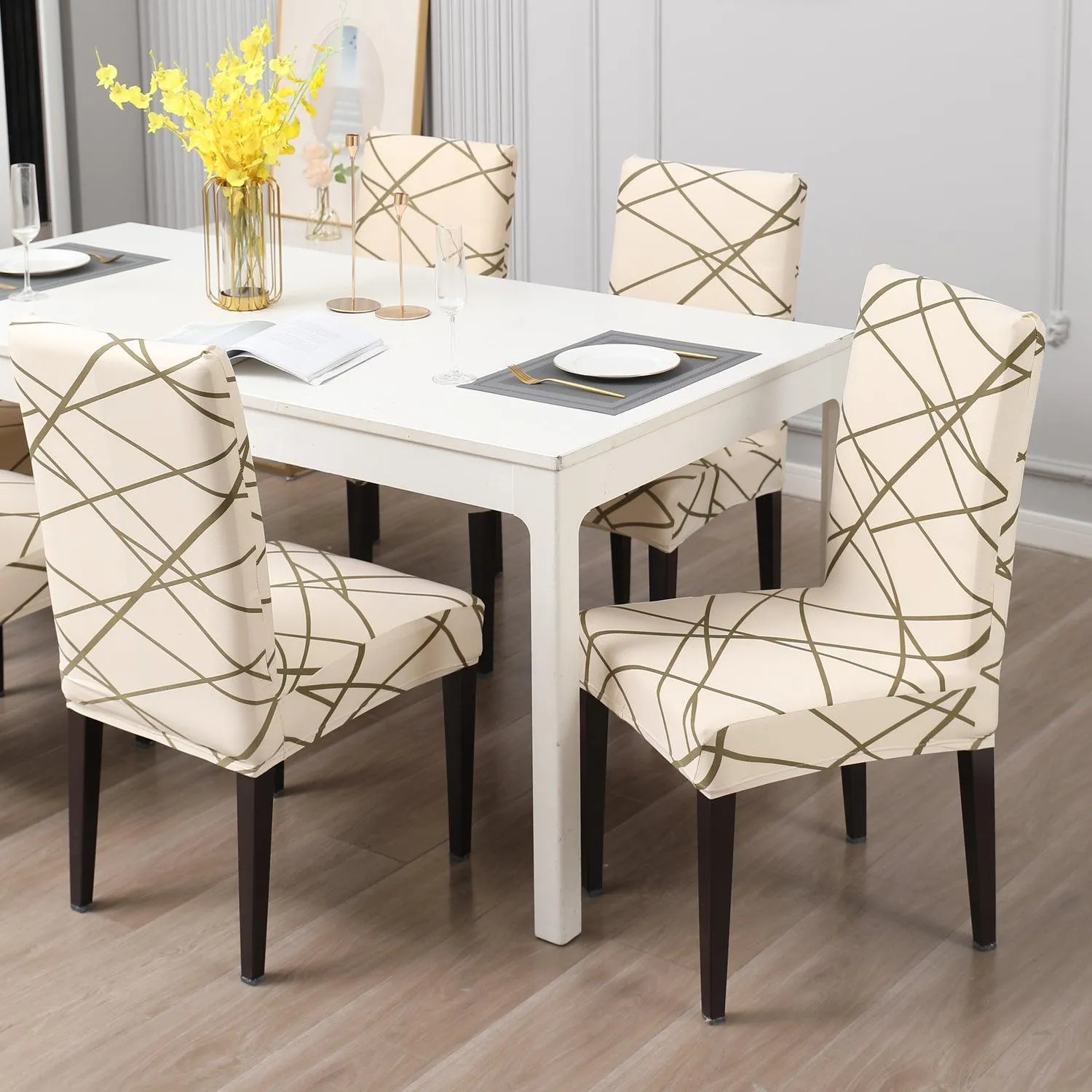 Elastic Stretchable Dining Chair Cover, Beige Abstract Line