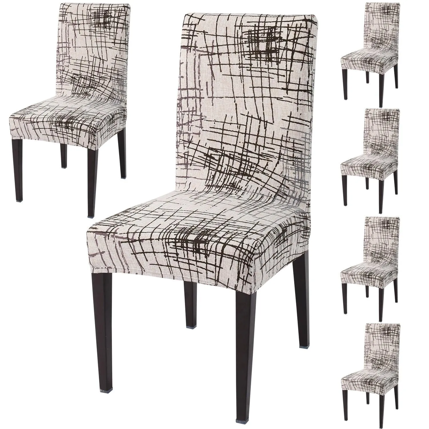 Elastic Stretchable Dining Chair Cover, Beige Brown Line