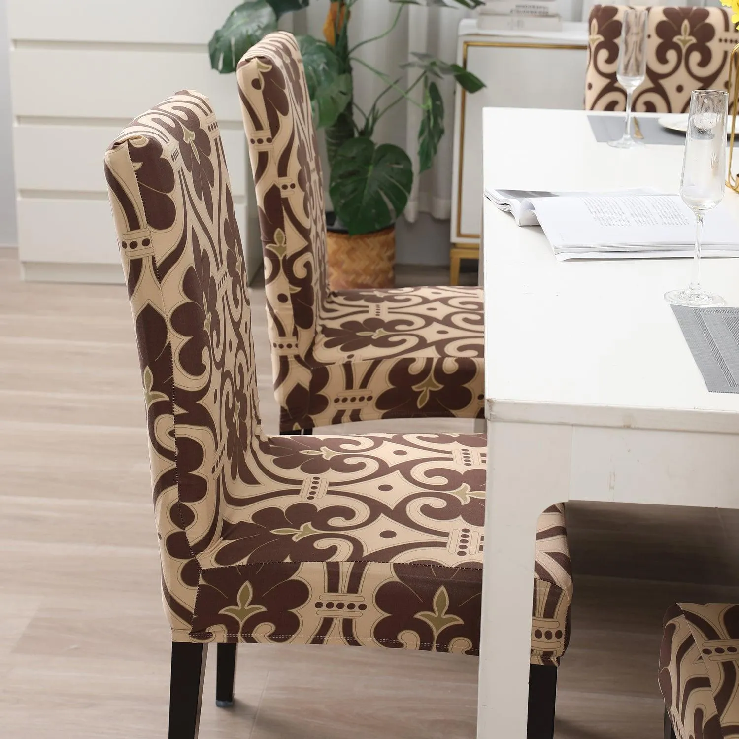 Elastic Stretchable Dining Chair Cover, Beige Damask