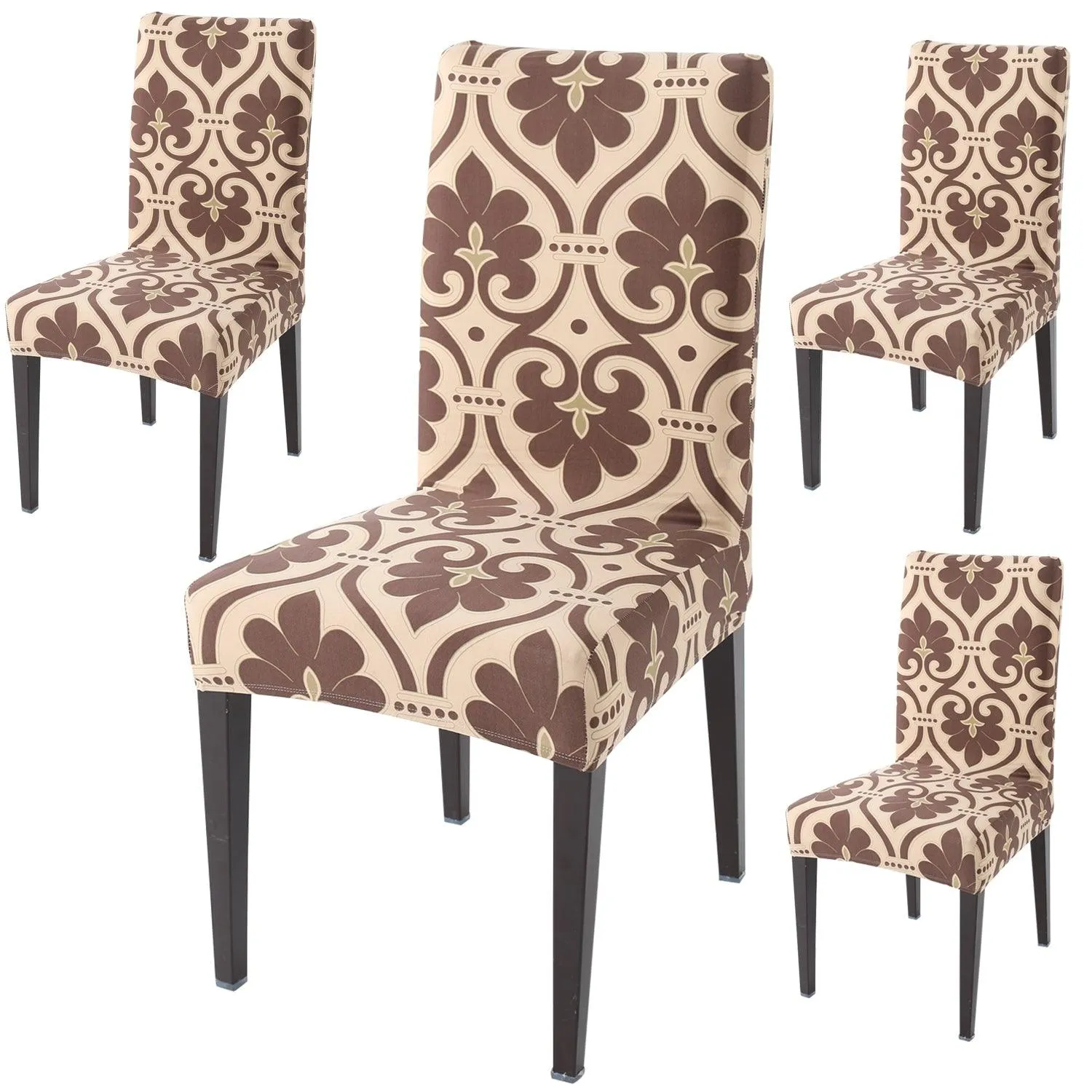 Elastic Stretchable Dining Chair Cover, Beige Damask