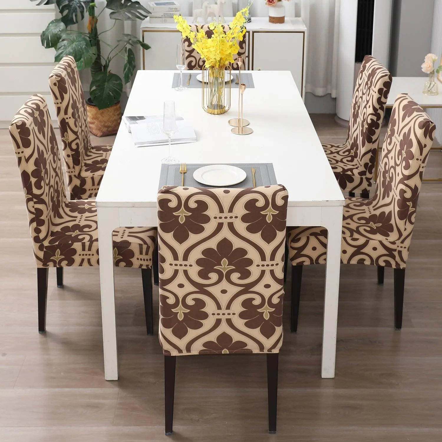 Elastic Stretchable Dining Chair Cover, Beige Damask