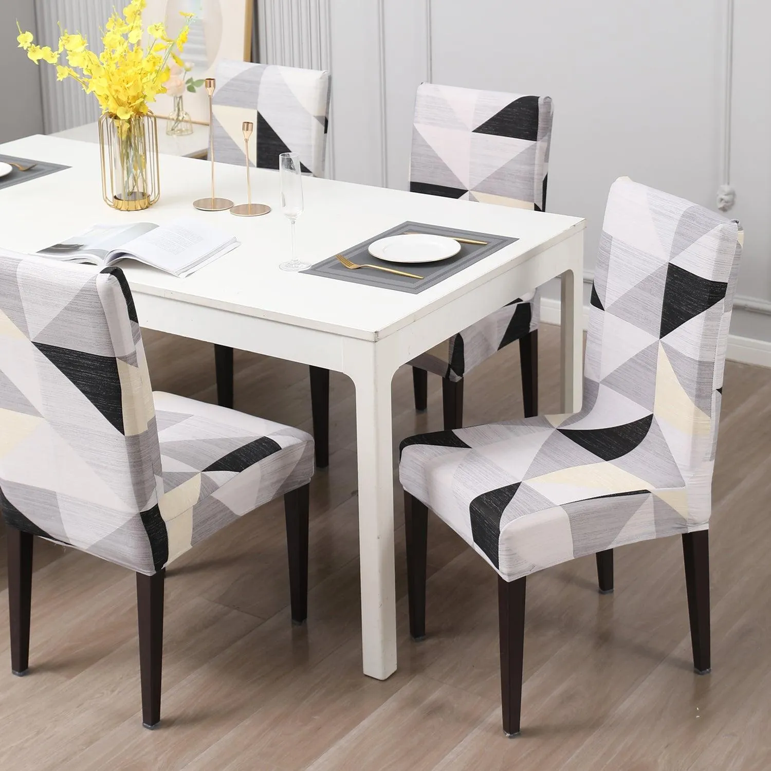 Elastic Stretchable Dining Chair Cover, Black Grey Geometric