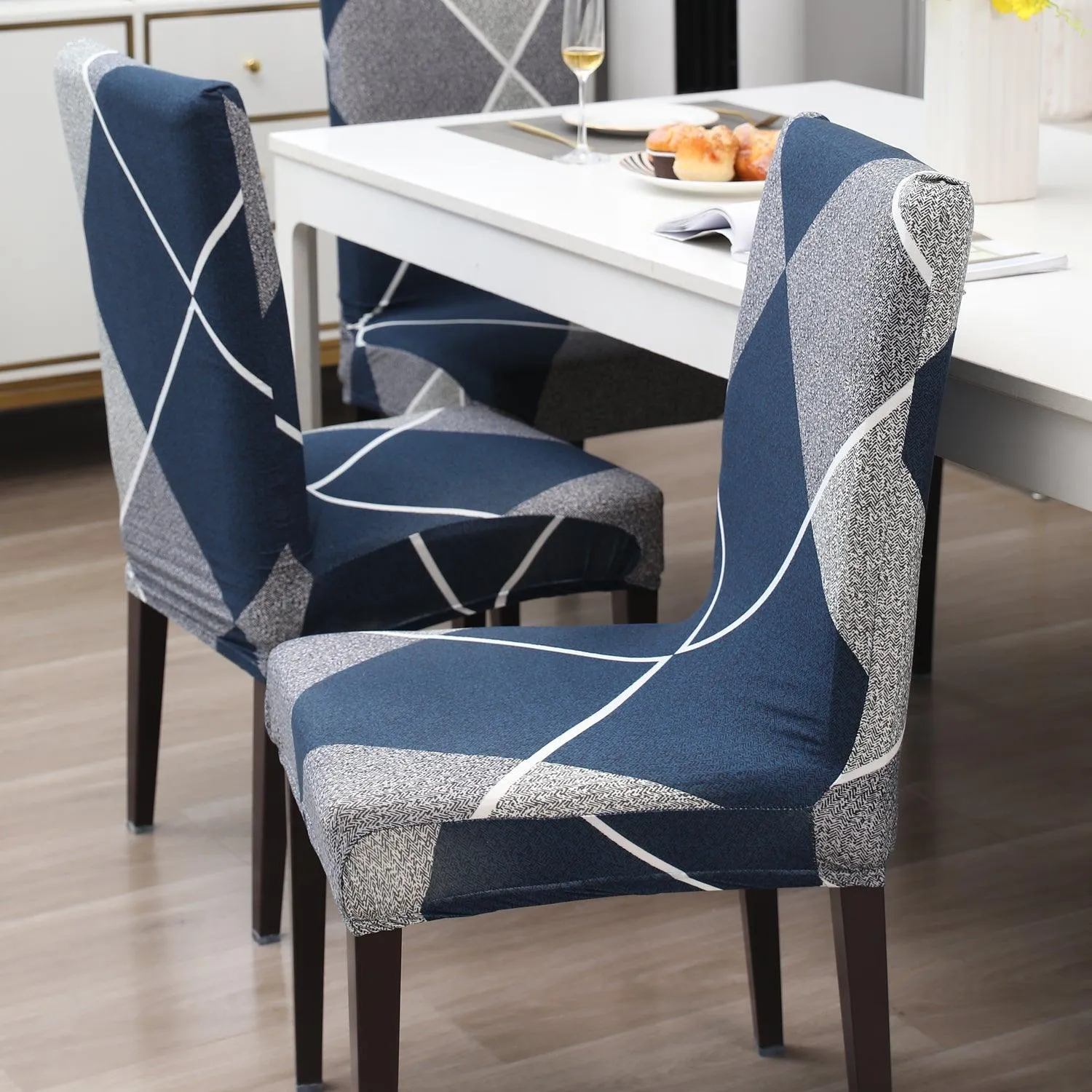 Elastic Stretchable Dining Chair Cover, Blue Rhombus