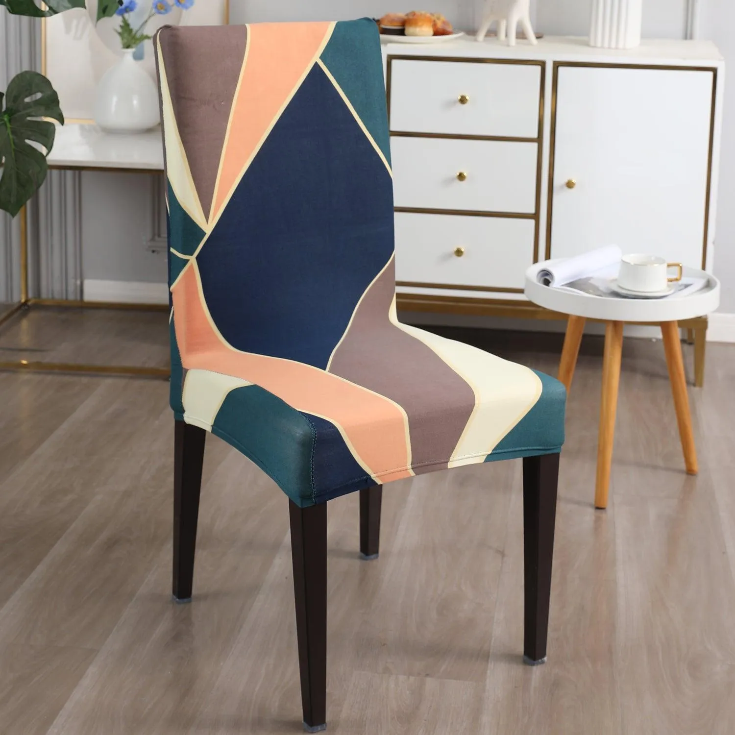 Elastic Stretchable Dining Chair Cover, Green Peach Abstarct