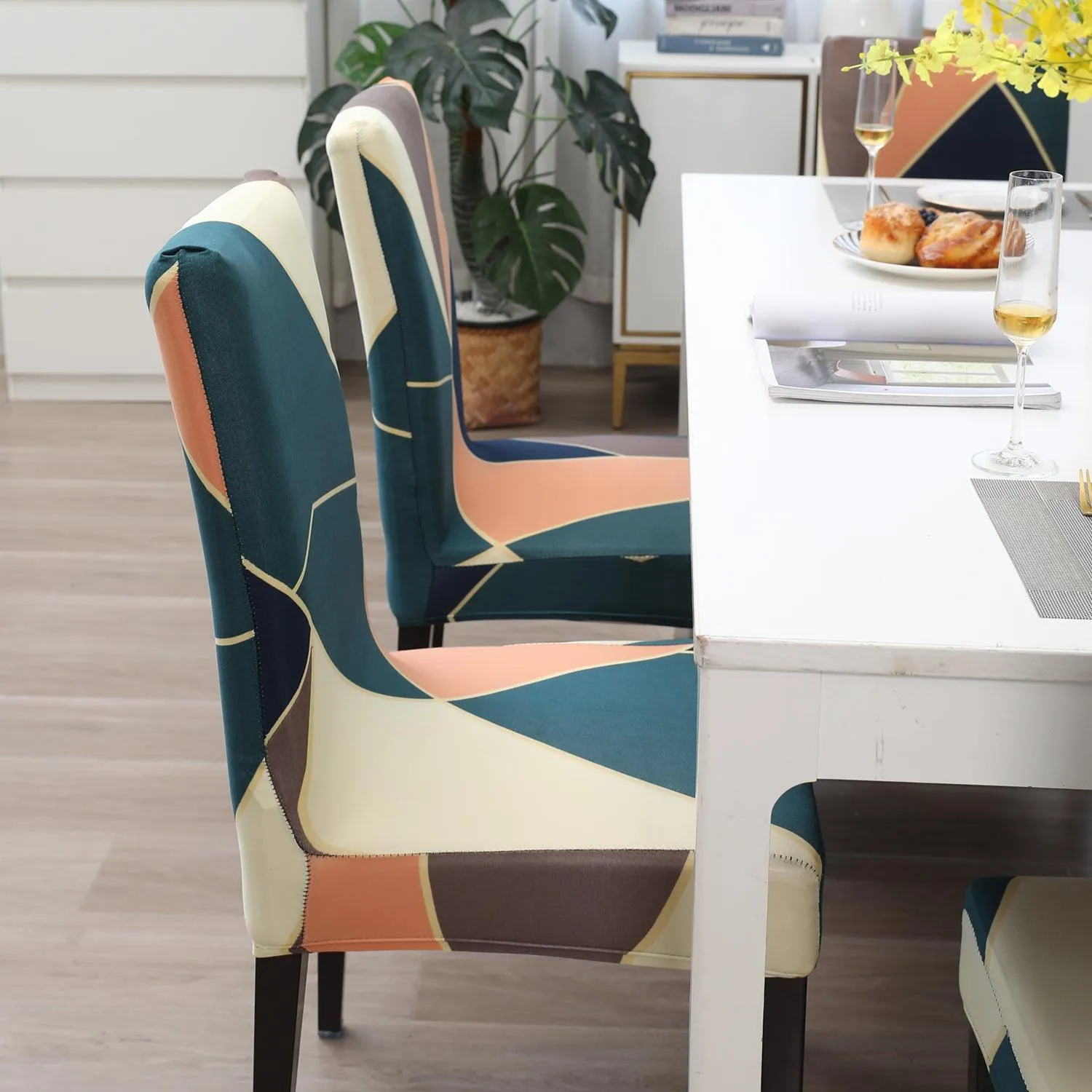 Elastic Stretchable Dining Chair Cover, Green Peach Abstarct