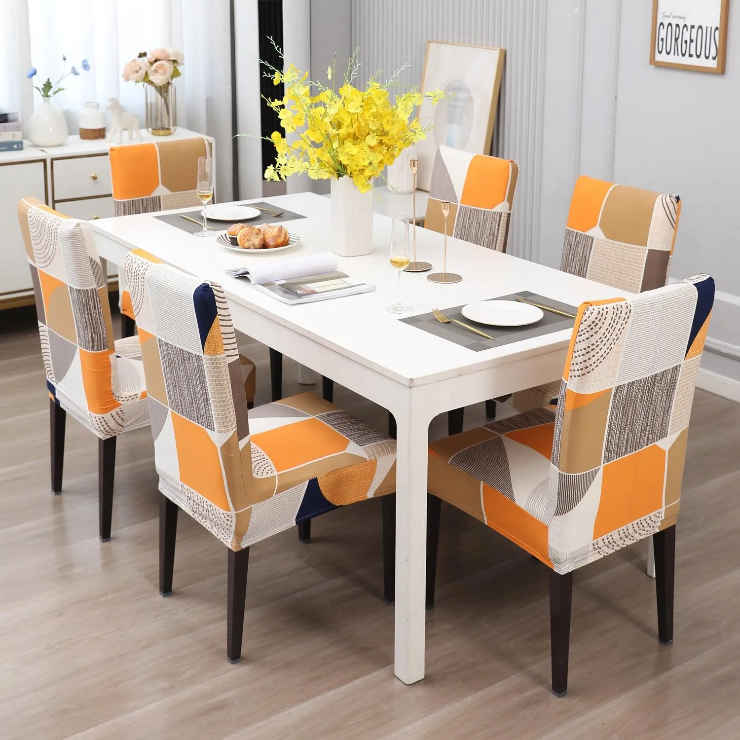 Elastic Stretchable Dining Chair Cover, Square Abstract