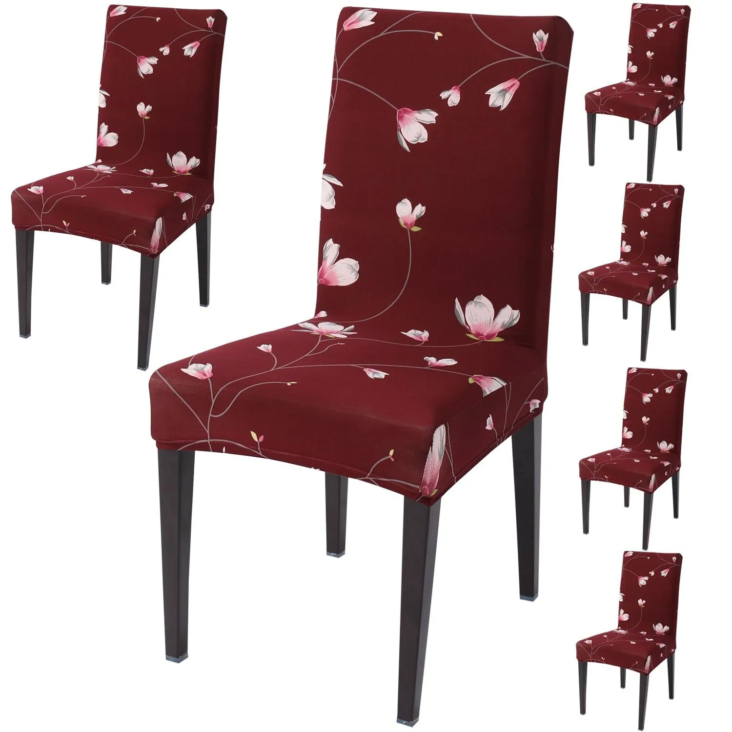 Elastic Stretchable Dining Chair Cover, Wine Red Flowers