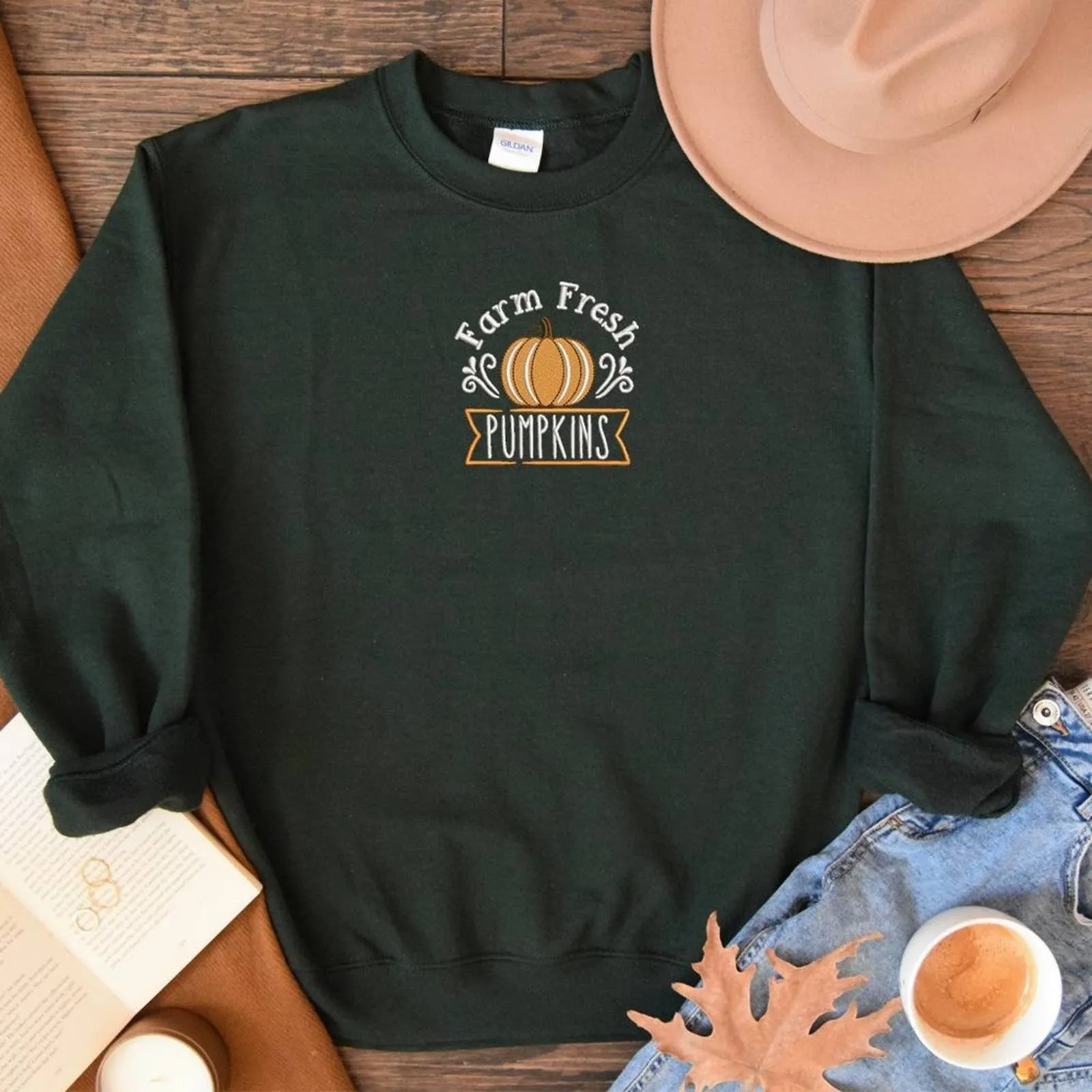 Embroidered Farm Fresh Pumpkins Sweatshirt / Fall Thanksgiving Sweatshirts