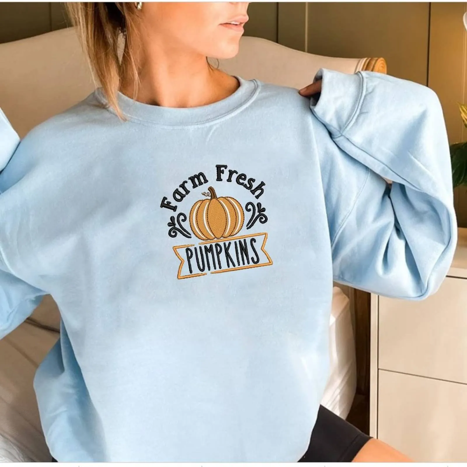 Embroidered Farm Fresh Pumpkins Sweatshirt / Fall Thanksgiving Sweatshirts