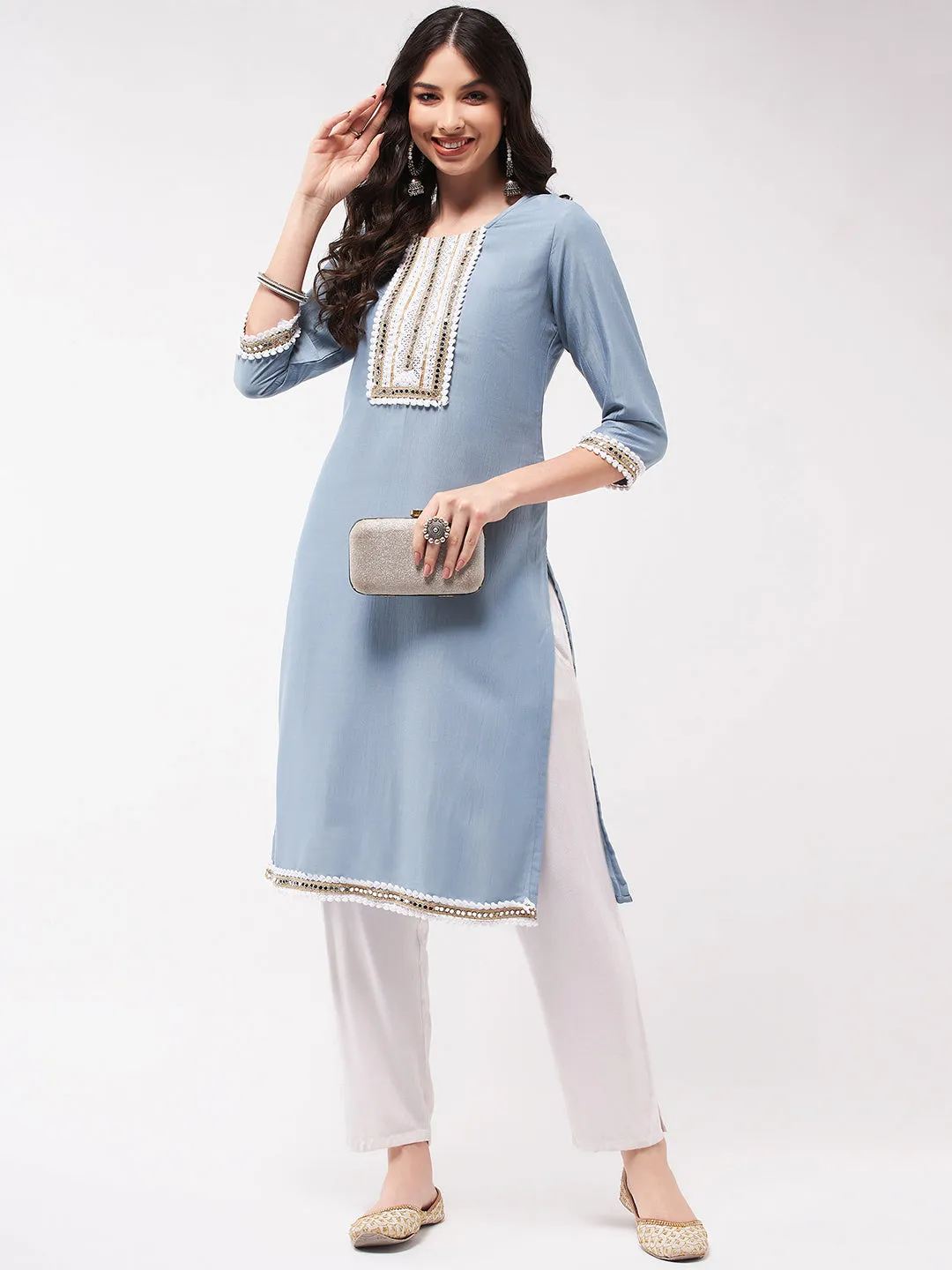 Festive White Embroidered Neck-Patch Kurta With Laces