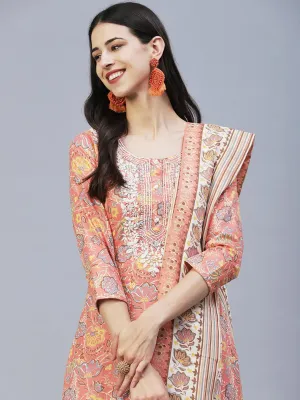 Floral Printed Resham Embroidered Kurta With Pants & Printed Dupatta - Peach