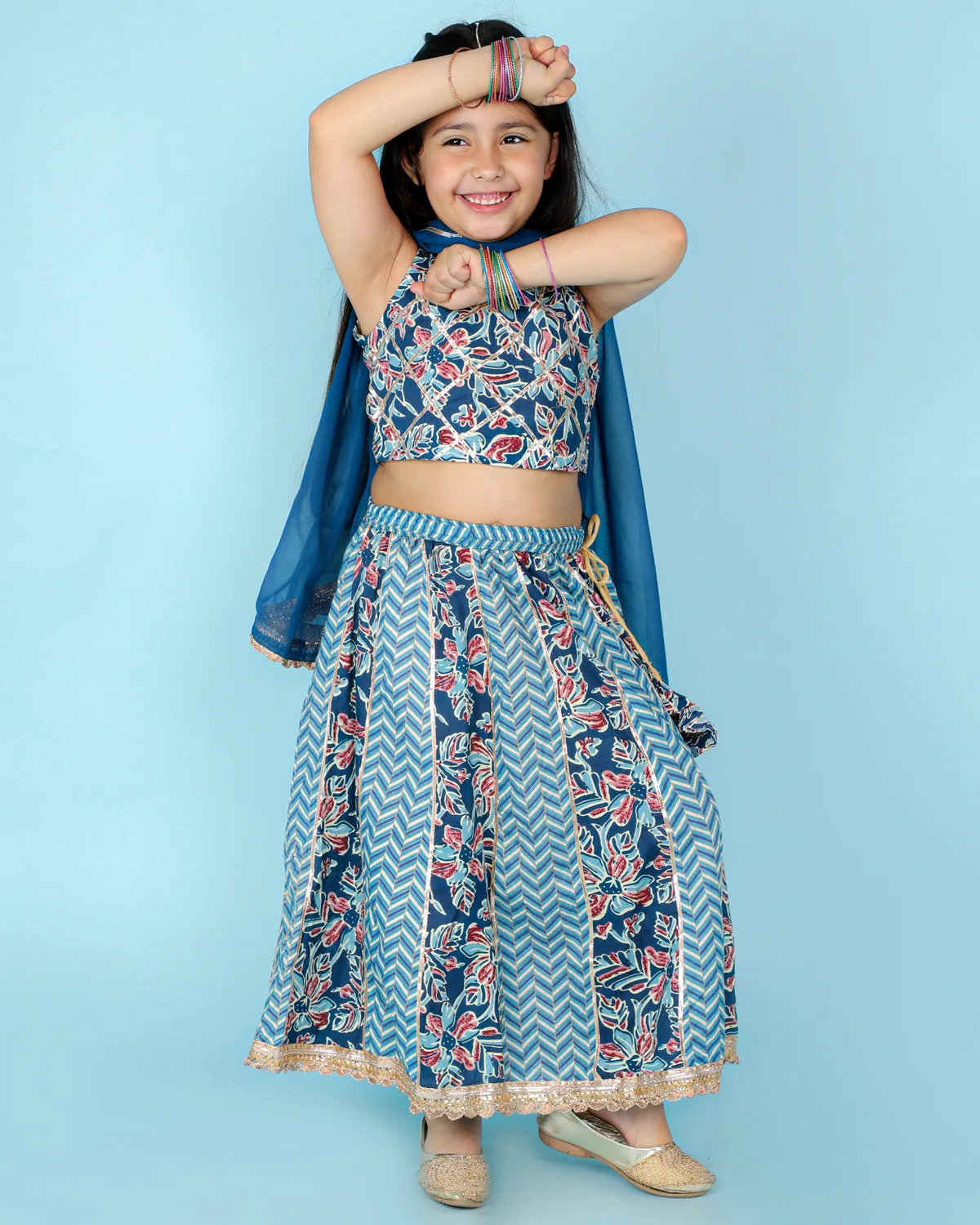 Girl's Blue Color Gota Work Crop Choli With Lehenga - KID1 Girls