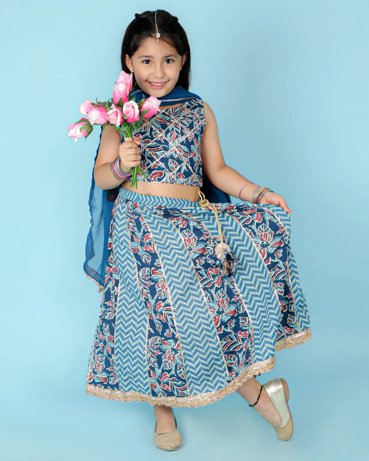 Girl's Blue Color Gota Work Crop Choli With Lehenga - KID1 Girls