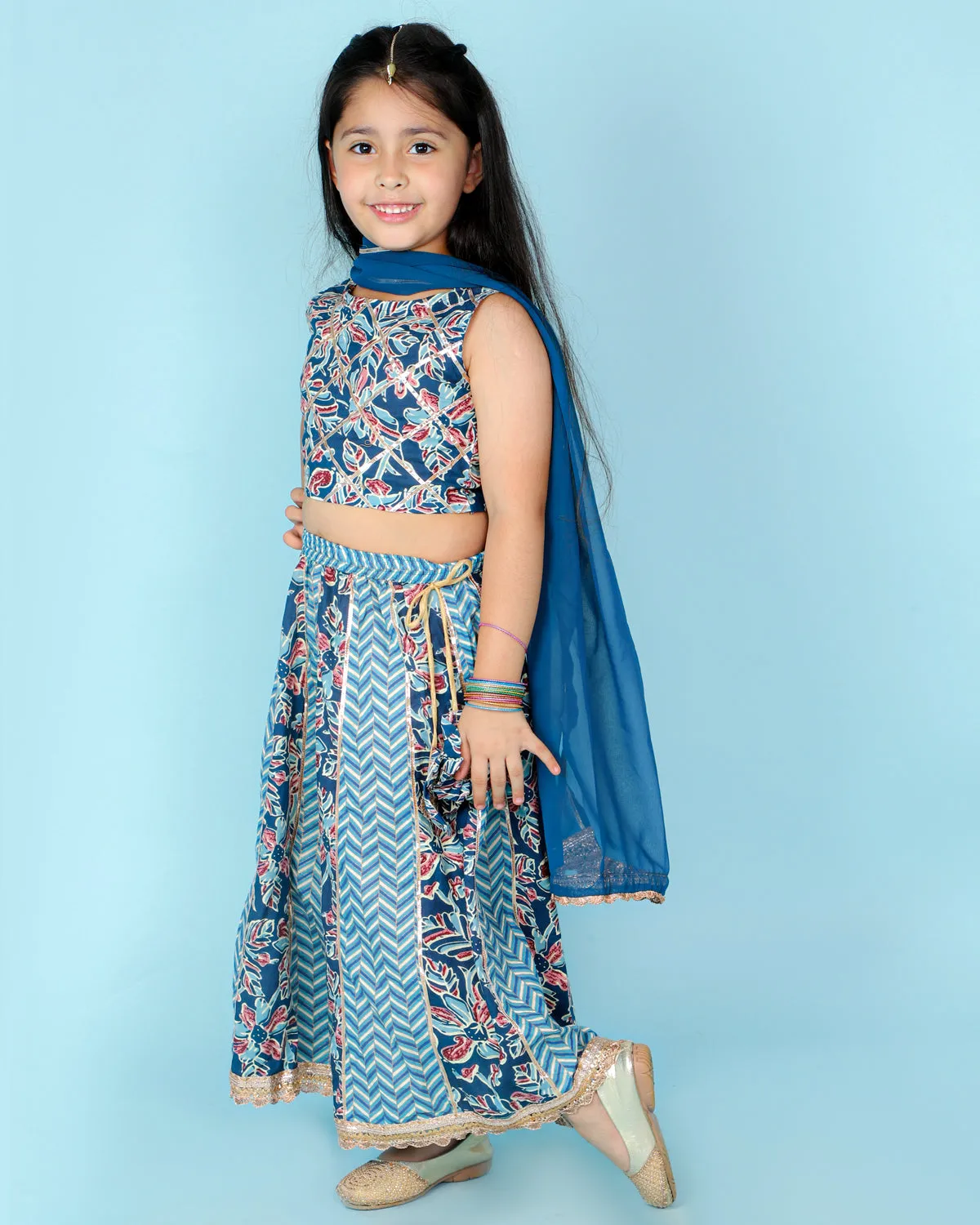 Girl's Blue Color Gota Work Crop Choli With Lehenga - KID1 Girls